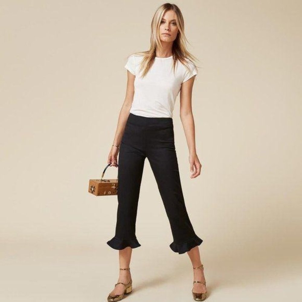 REFORMATION Mesa Cropped Ruffle Hem Flat Front Pant - Picture 1 of 10